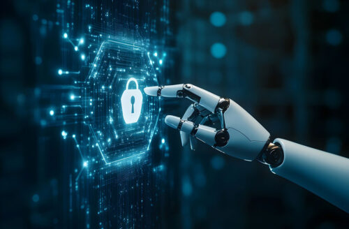 Robot hand interacting with digital lock