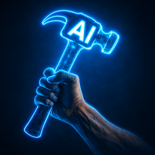 Glowing hammer with 'AI' inscription