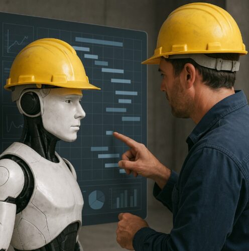 Robot and worker discussing construction data.