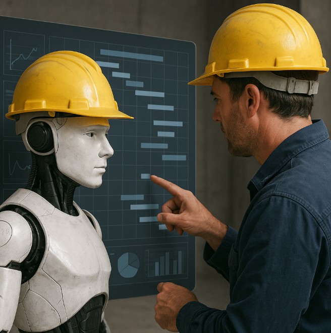 Robot and worker discussing construction data.