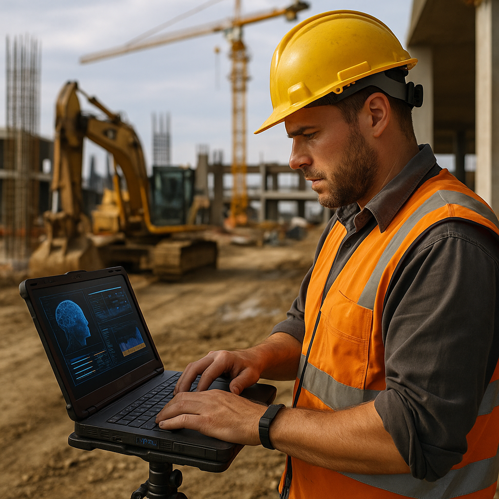 Construction worker using laptop on site