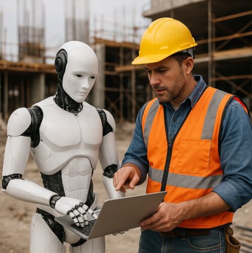 Robot and worker on construction site.