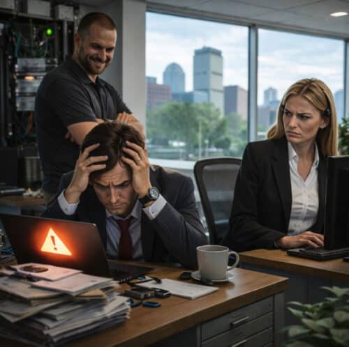 Stressed office workers facing technical issues.