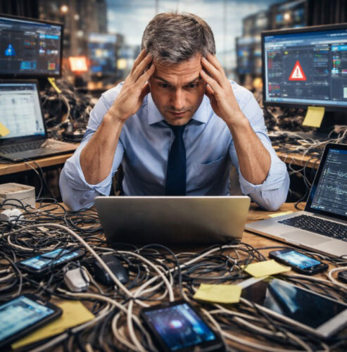 Overwhelmed person in chaotic workspace.