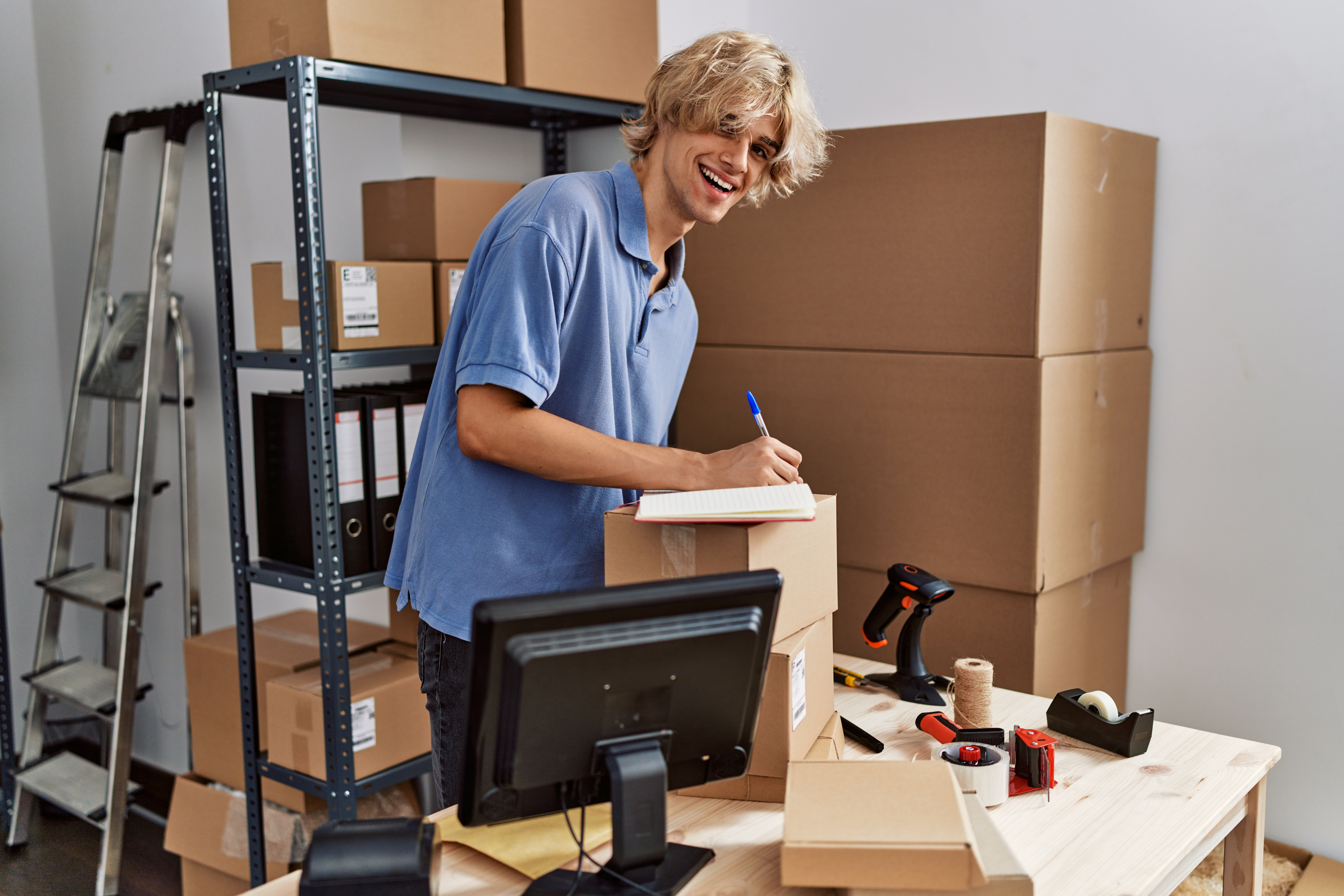 Smiling man labeling boxes at packing workstation Smiling man labeling boxes at packing workstation