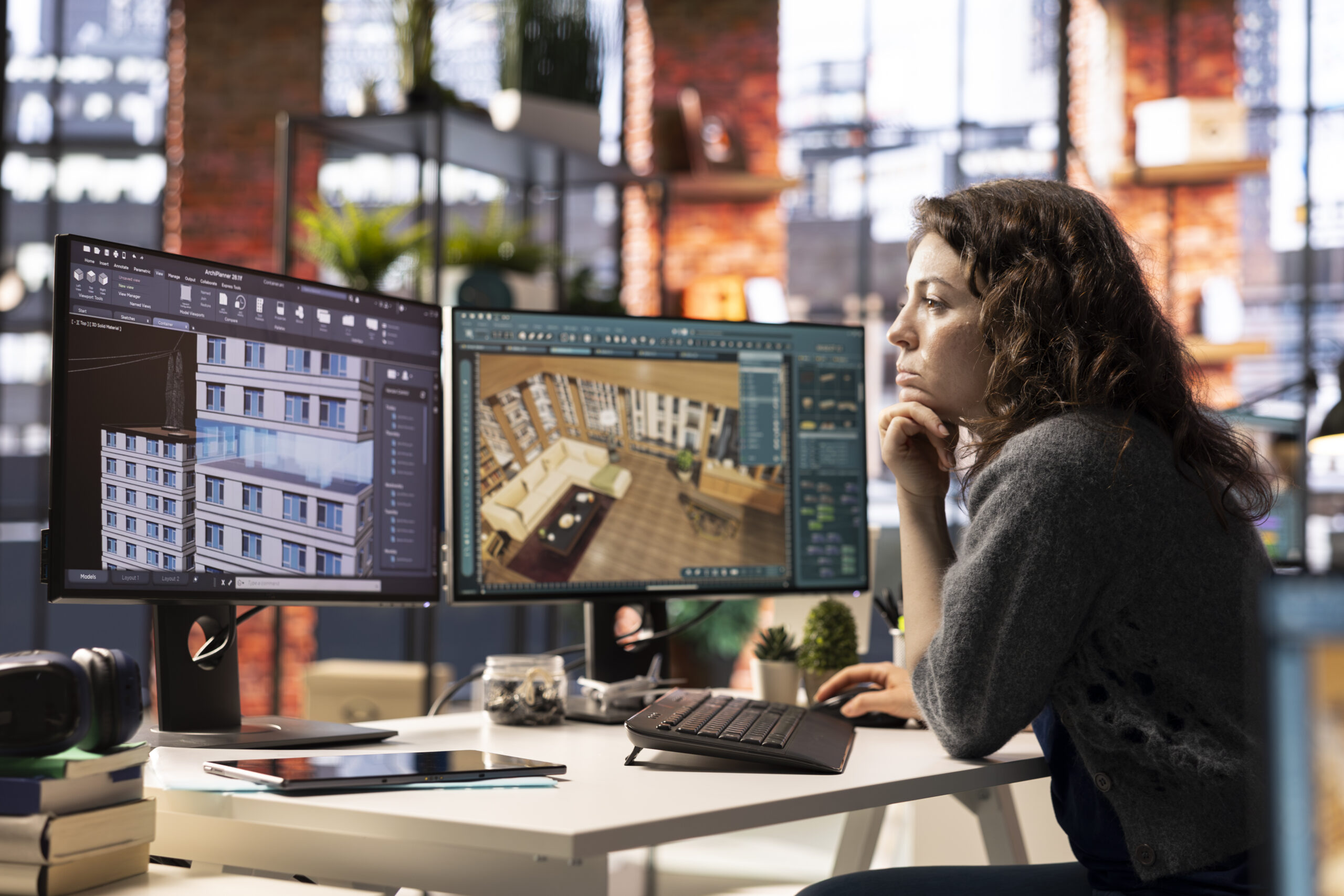 Woman looking at 3D models of apartments on two monitors