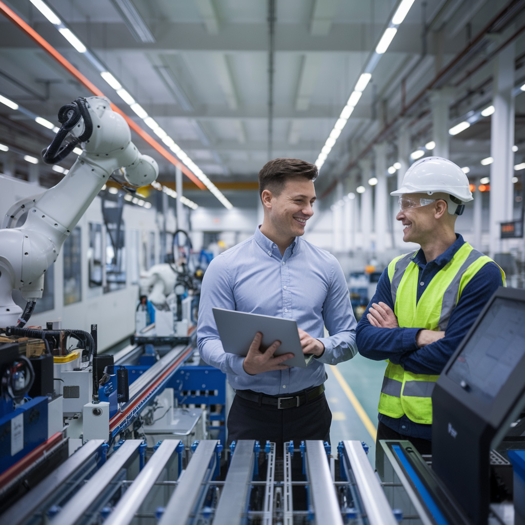 Factory worker and IT technician reviewing systems on the shop floor